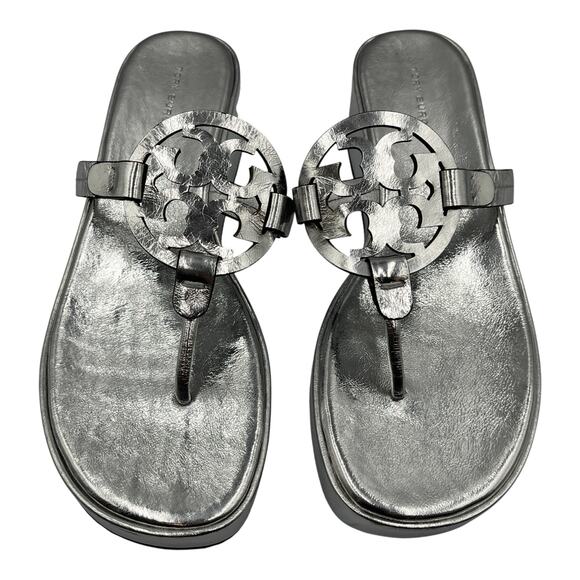 Tory Burch Miller Leather Wedge Platform Sandals Metallic Silver Size 7.5M - Picture 1 of 8